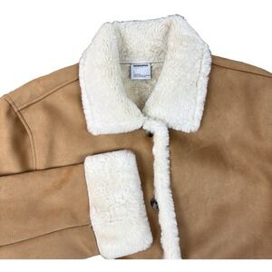 Womens Tan Camel Faux Suede Shearling Jacket Cozy Teddy  Trim Winter Coat Size L